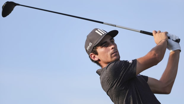 Joaquin Niemann watches his tee shot in Doral, Florida, on Oct. 22, 2023.